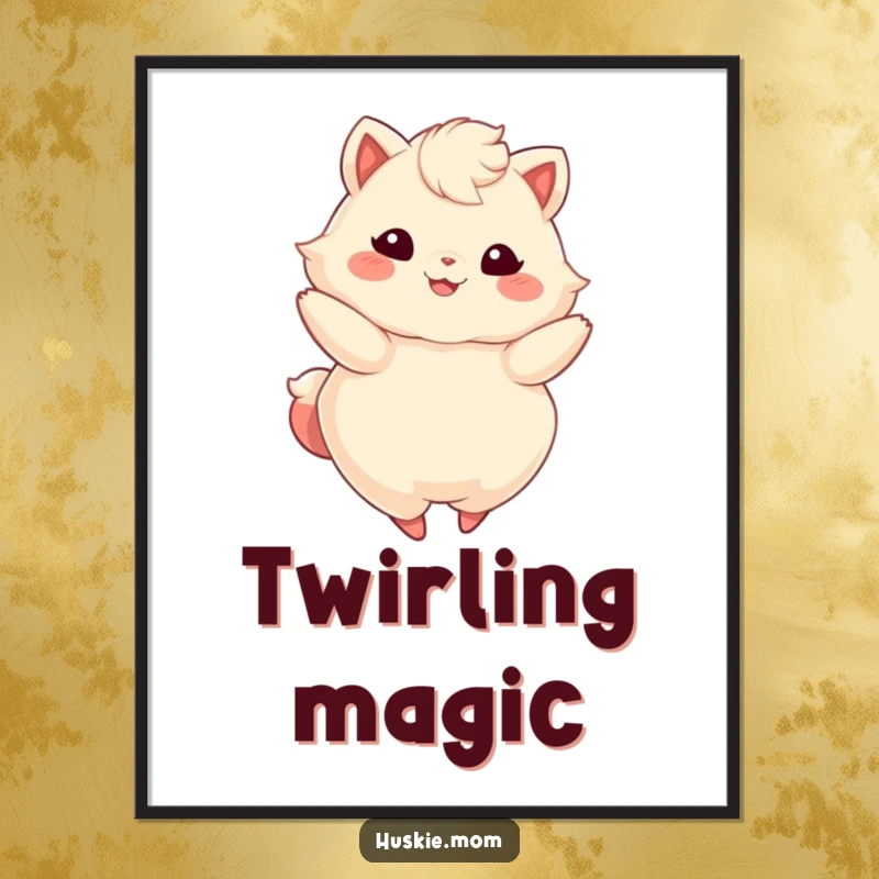 Funny digital art print of a fluffy animal with a radiant smile, energetically twirling with graceful, captivating movement.