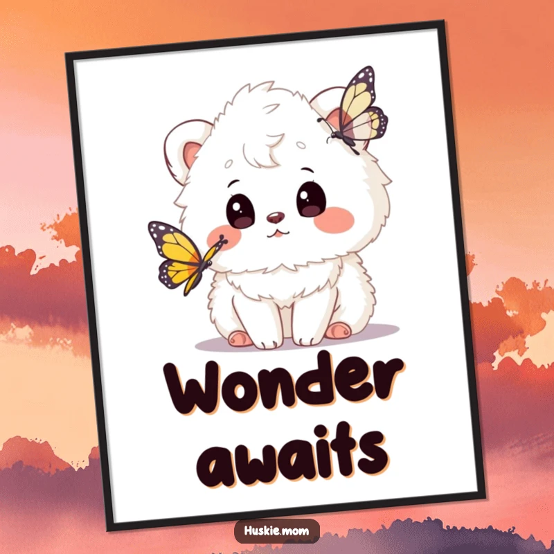 Funny fluffy animal digital art print with a curious head tilt watching a butterfly, offering instant whimsy and charming wall decoration.