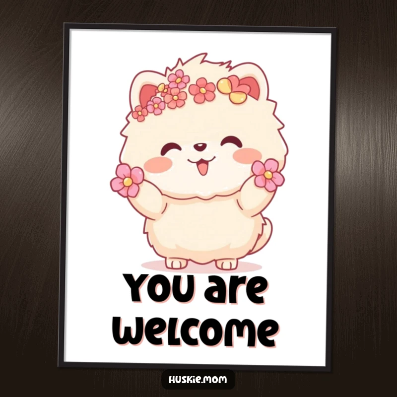 Funny fluffy animal with flowers in fur, warm inviting gesture, cute digital art print, downloadable wall decor.