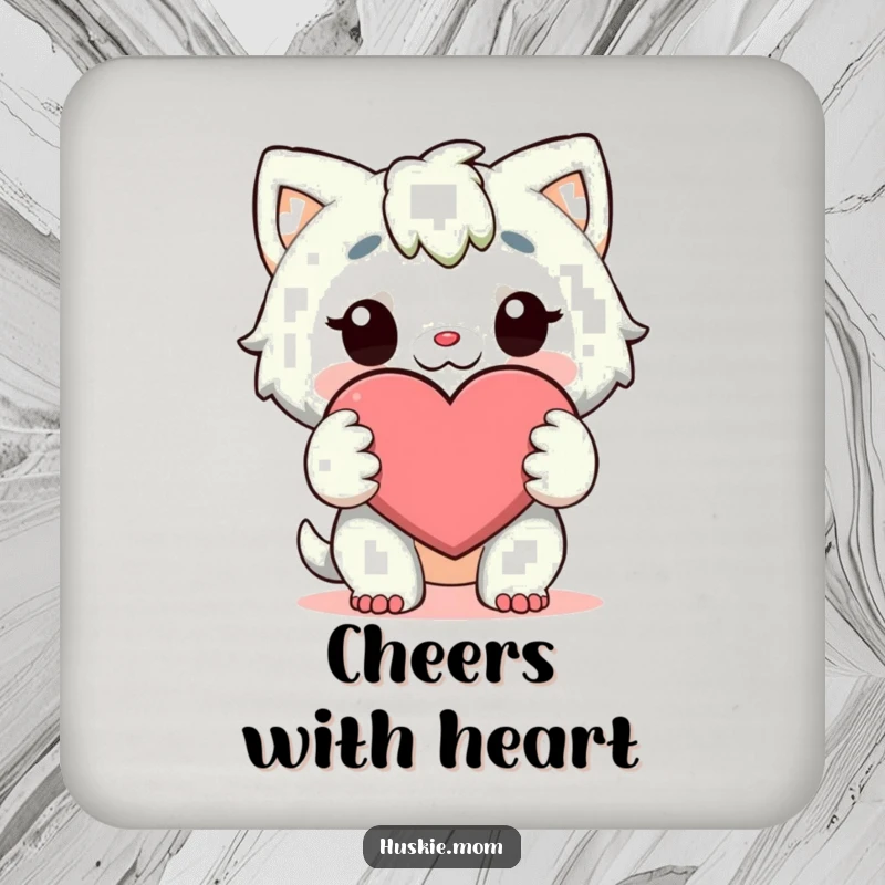 Funny Coaster: A character holds a large, cheerful heart with both paws, ready to guard your surfaces with affection.