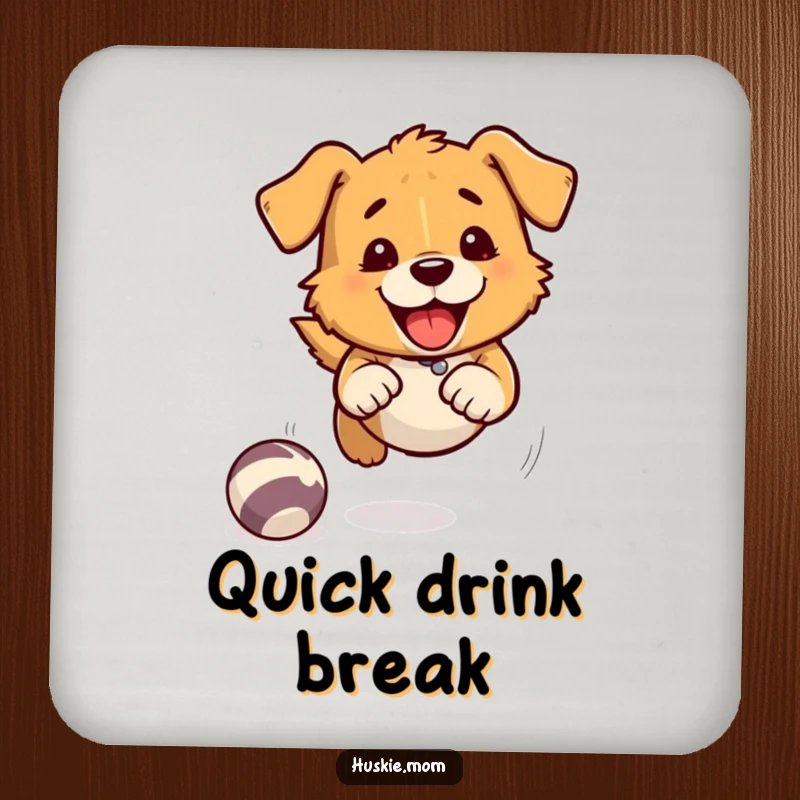 Fast Chasing Dog Drink Coaster: A dog playfully chases a ball with speed lines, a humorous coaster for drink protection.