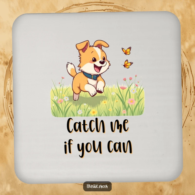 Funny dog excitedly chasing a butterfly in a meadow on a drink coaster, adding playful charm to tabletops.