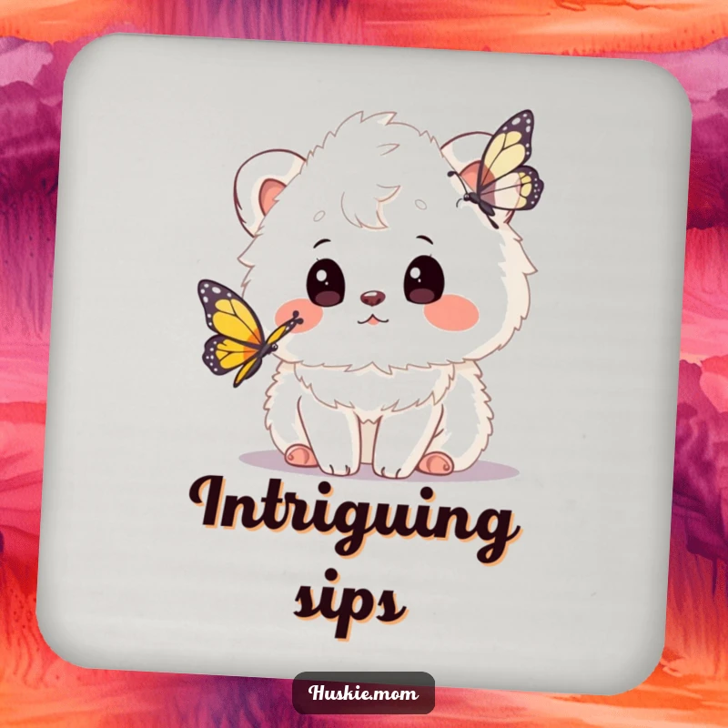 Funny fluffy animal coaster with a curious head tilt watching a butterfly, protecting furniture with a dose of whimsical charm.