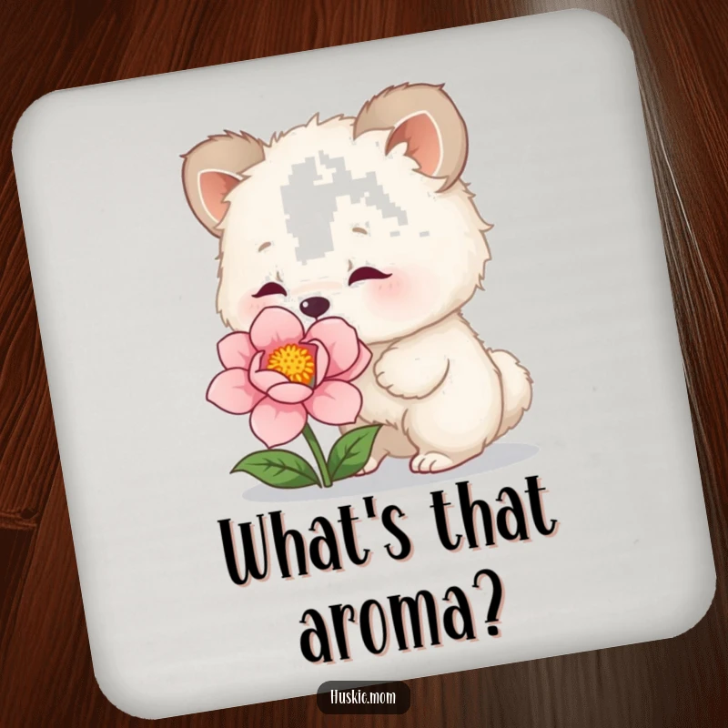 Funny Coasters: Set of coasters featuring a fluffy animal curiously sniffing a flower, offering humorous protection for furniture.