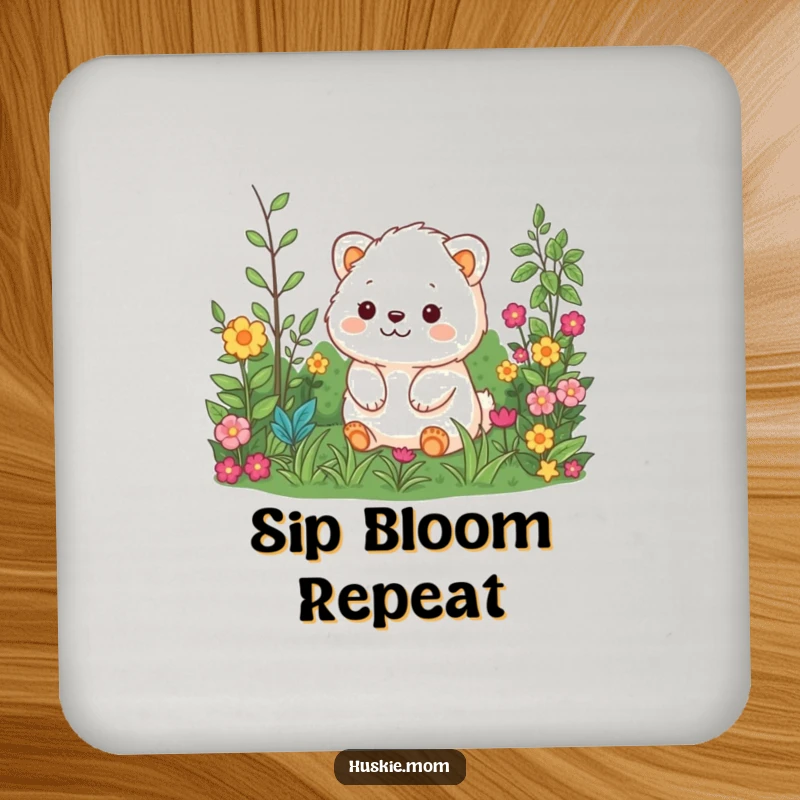Funny drink coasters showcasing a joyful fluffy animal surveying a vibrant garden, protecting surfaces with style.