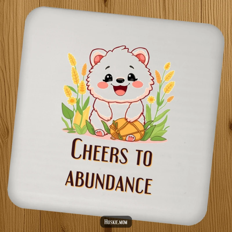Funny Coasters: Set of coasters featuring a fluffy animal grinning widely after a harvest, offering humorous protection for furniture.