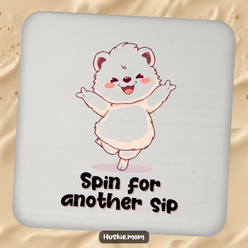 Funny drink coasters featuring a fluffy animal doing a pirouette, protecting surfaces with humor and style.