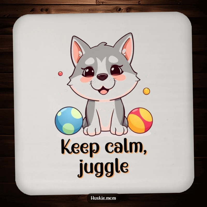 Funny drink coaster showcasing a silly husky dog attempting to juggle three colorful balls, adding humor to any beverage.