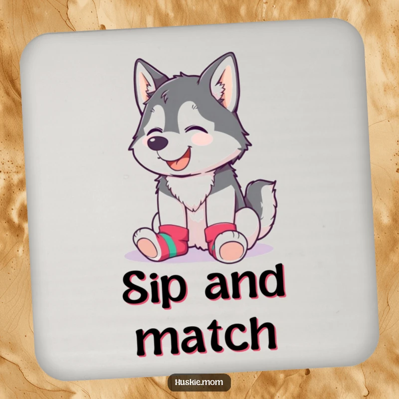 Funny Husky Lady Coaster featuring a giggling husky wearing mismatched colorful socks, a humorous accessory.