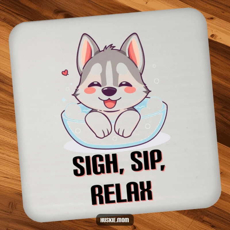 Funny Kawaii Husky Coasters: A set featuring a cute Husky relaxing in a bubble bath, sighing happily, protecting surfaces with calm.