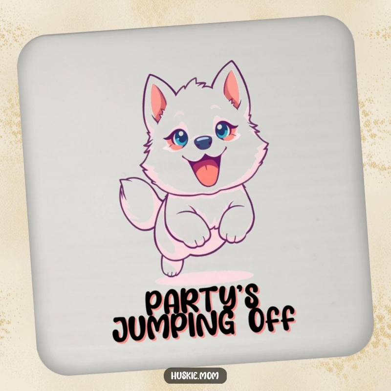 Funny Husky Puppy Coaster: Decorative coaster with a jumping husky pup, big eyes, protecting surfaces with humor, funny gift.