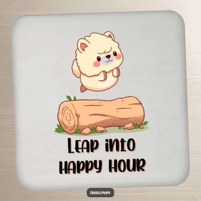 Funny Coaster: A fluffy animal with a wagging tail, leaping over a fallen log, adding energetic protection.