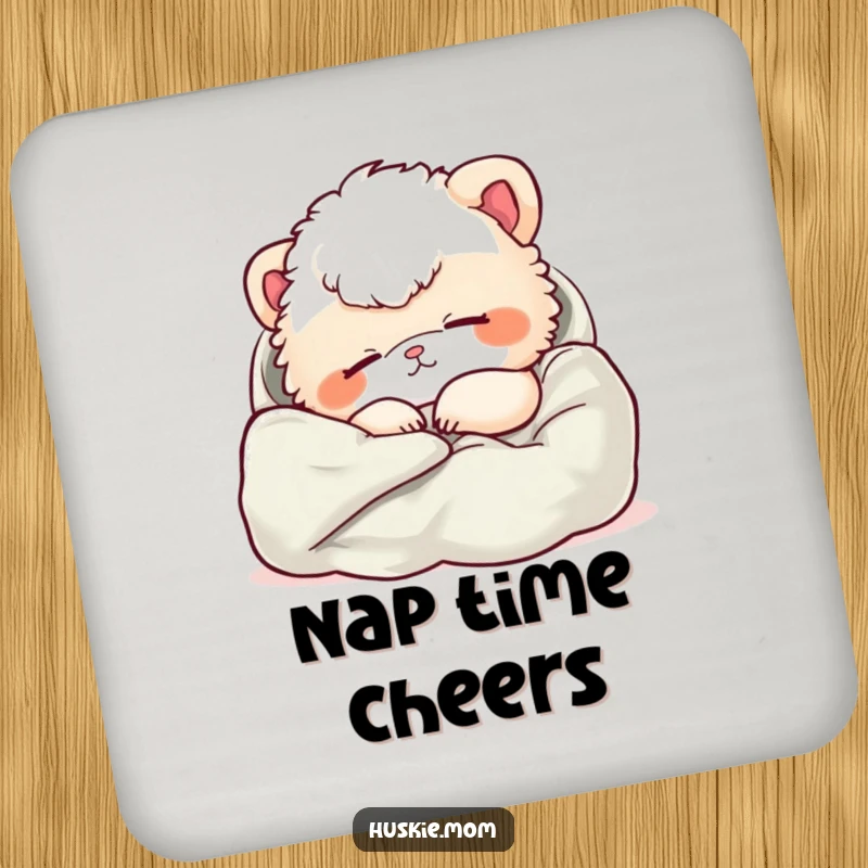 Funny drink coasters featuring a fluffy animal napping peacefully, adding humor and protection to surfaces.
