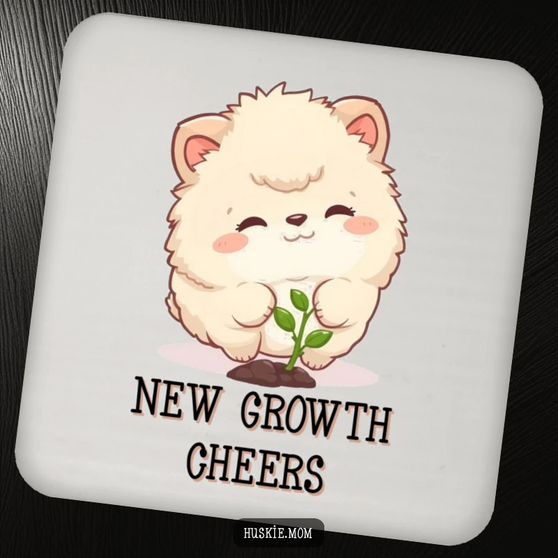 Funny drink coaster with a fluffy animal curiously nudging a tiny sprout, adding gentle humor and surface protection.