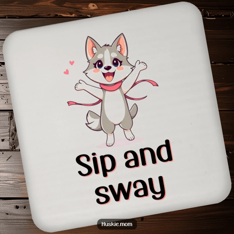 Funny Husky Lady Coaster, protecting surfaces with an energetic husky lady performing a silly dance with a ribbon, a fun drink accessory.