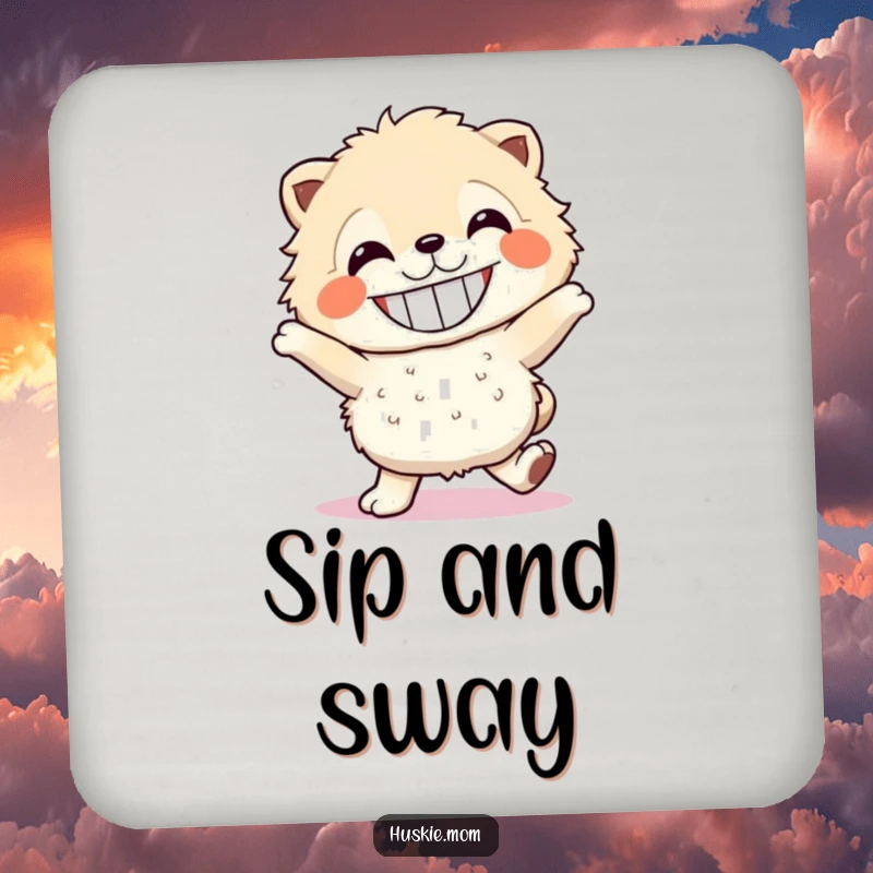 Funny fluffy dancer coasters, a set of drink coasters featuring a grinning creature dancing, perfect for humorous gifts.