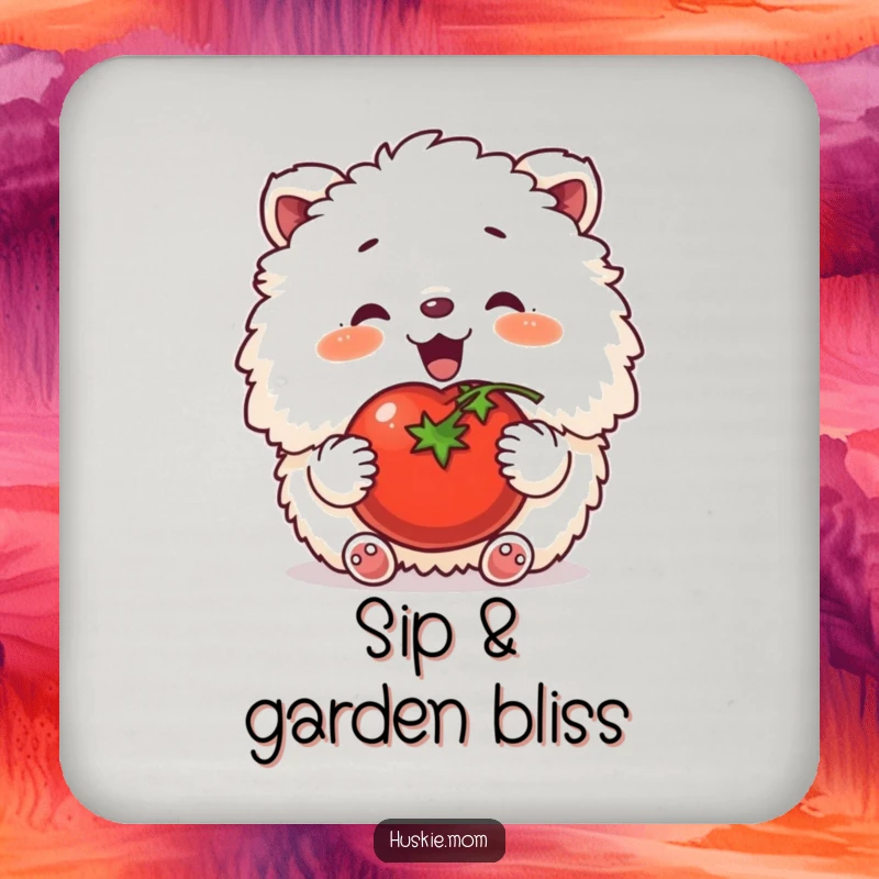 Funny drink coasters with a fluffy animal happily patting a tomato, protecting surfaces with garden-themed charm.