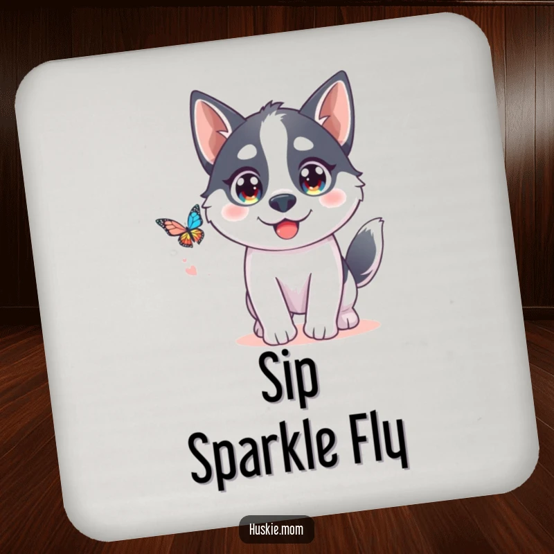 Funny Kawaii Husky Coasters: Cute husky playfully chases a butterfly, protecting surfaces with humor.