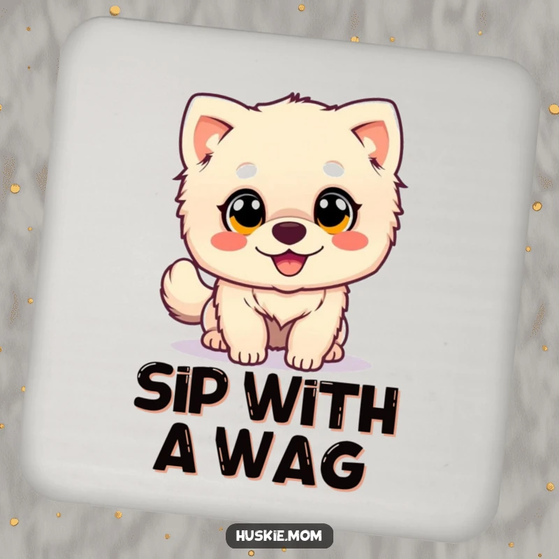 Happy Wagging Dog Drink Coaster: A fluffy dog with big eyes wags its tail happily, a humorous coaster for drink protection.