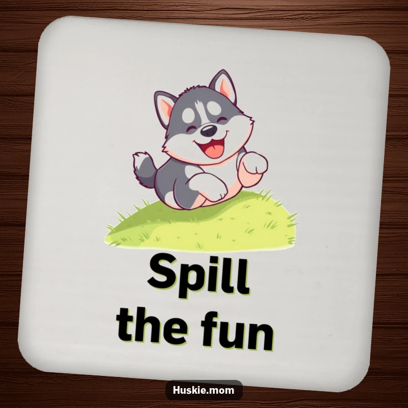 Funny drink coaster showcasing a gleeful husky puppy tumbling head over paws down a grassy hill, adding humor to any beverage.