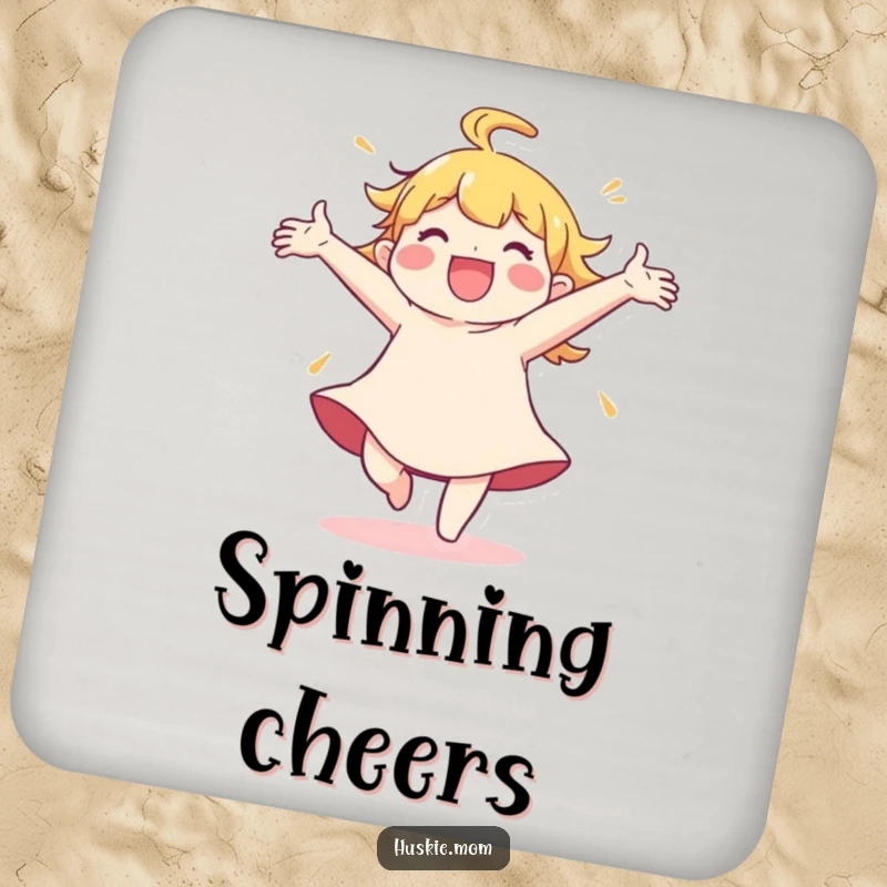 Funny Coaster: A character spins with arms wide open, embodying pure joy and ready to guard your surfaces.