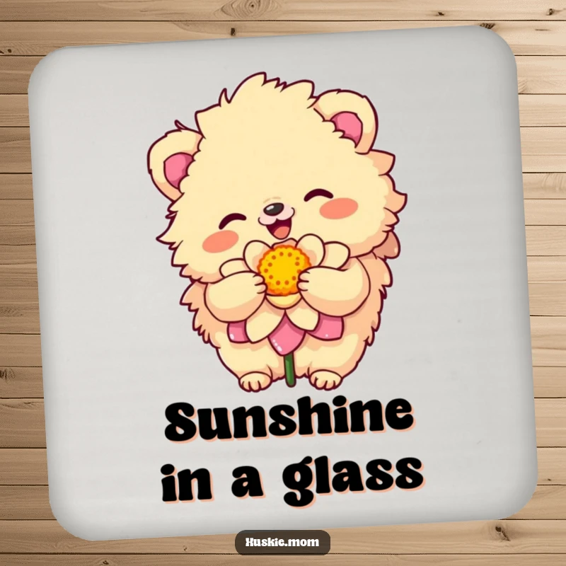 Funny Drink Coaster featuring a fluffy animal with a sunny disposition embracing a colorful bloom, adding cheerful humor.