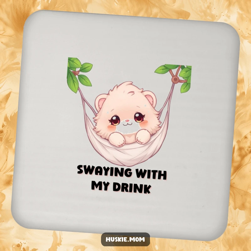Funny drink coasters with a fluffy animal relaxing in a hammock, offering surface protection with a humorous twist.