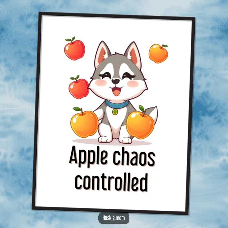 Funny poster of a Husky lady animal comically attempting to juggle three shiny apples.