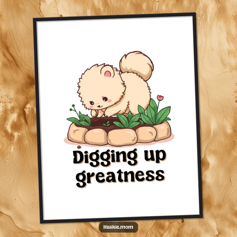Funny fluffy animal with a bushy tail eagerly digging in a garden bed, as a poster print, capturing gardening joy, a great funny gift.