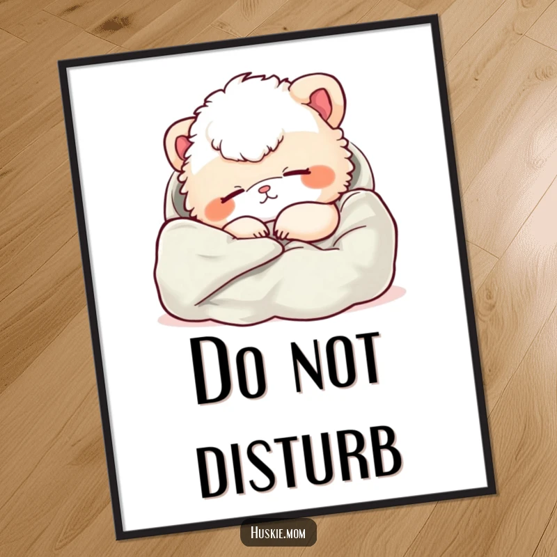 Funny poster showcasing a fluffy animal in a relaxed nap state, nestled in soft fabric, promoting tranquility.