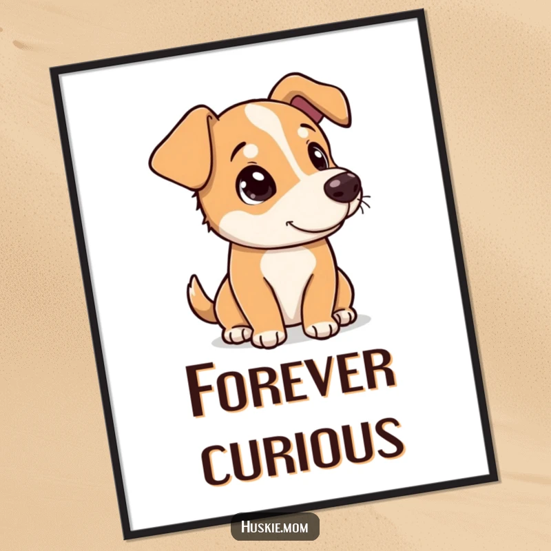 Funny dog tipping its head with a curious and playful look, featured as charming wall art on a poster.