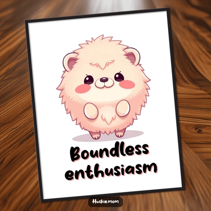 Funny poster print of a fluffy animal depicted mid-bounce, radiating pure happiness and creating a lively atmosphere.