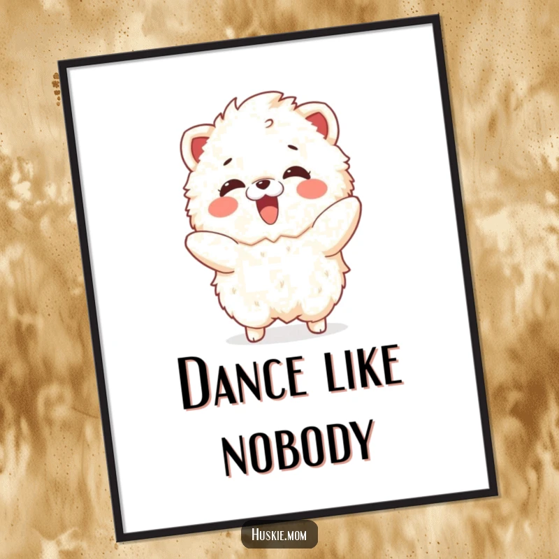 Funny poster print of a fluffy animal with a delighted expression mimicking a playful dance, full of life.