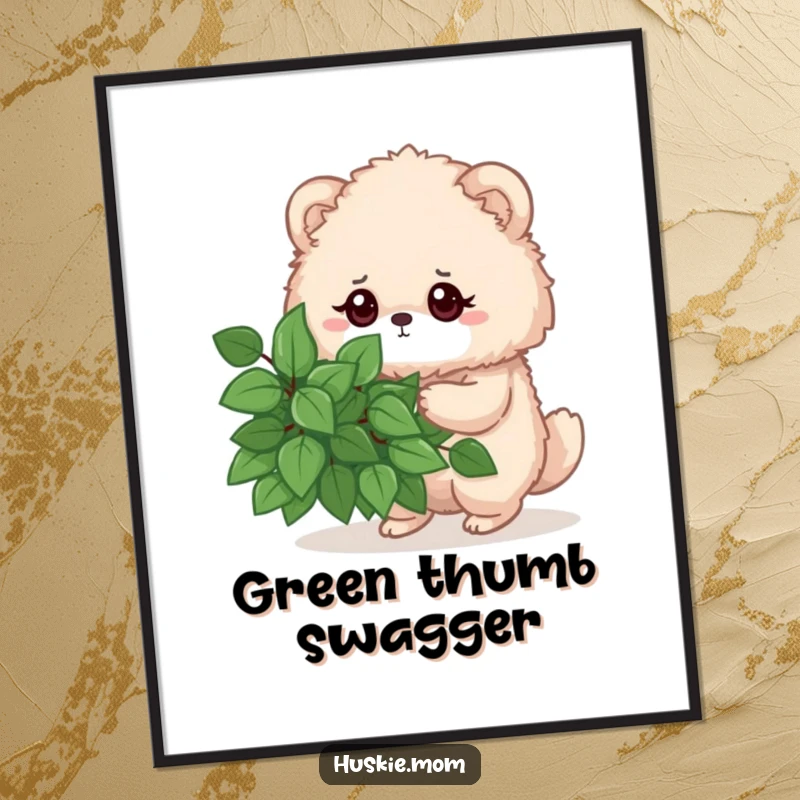 Funny poster of a fluffy animal with a determined gaze pruning a leafy bush, adding humorous garden art to any space.