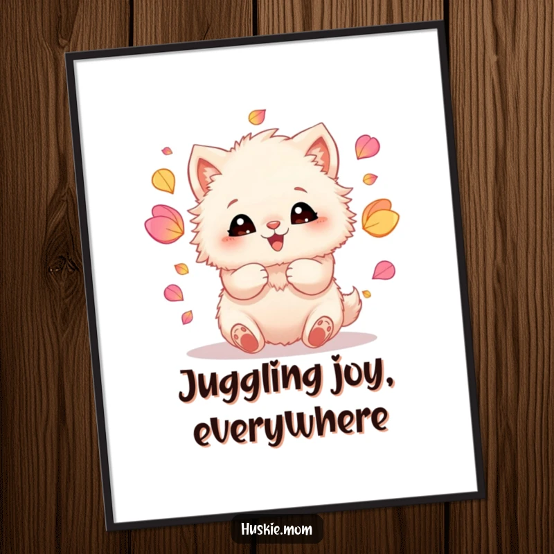Funny poster of a fluffy animal with wide, joyful eyes, dynamically juggling a vibrant scattering of colorful petals with its paws.