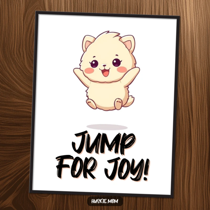 Funny poster featuring a fluffy animal leaping with a cheerful expression, embodying pure excitement and radiating happiness.
