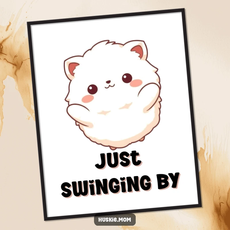 Funny poster of a fluffy animal with a beatific smile, captured in a gentle, rhythmic swing, conveying profound peace.