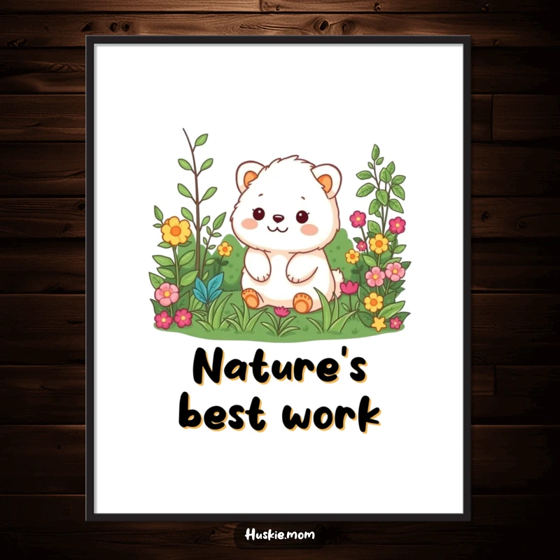 Funny poster of a happy, fluffy animal contentedly surveying a vibrant and detailed garden, adding a touch of joy.