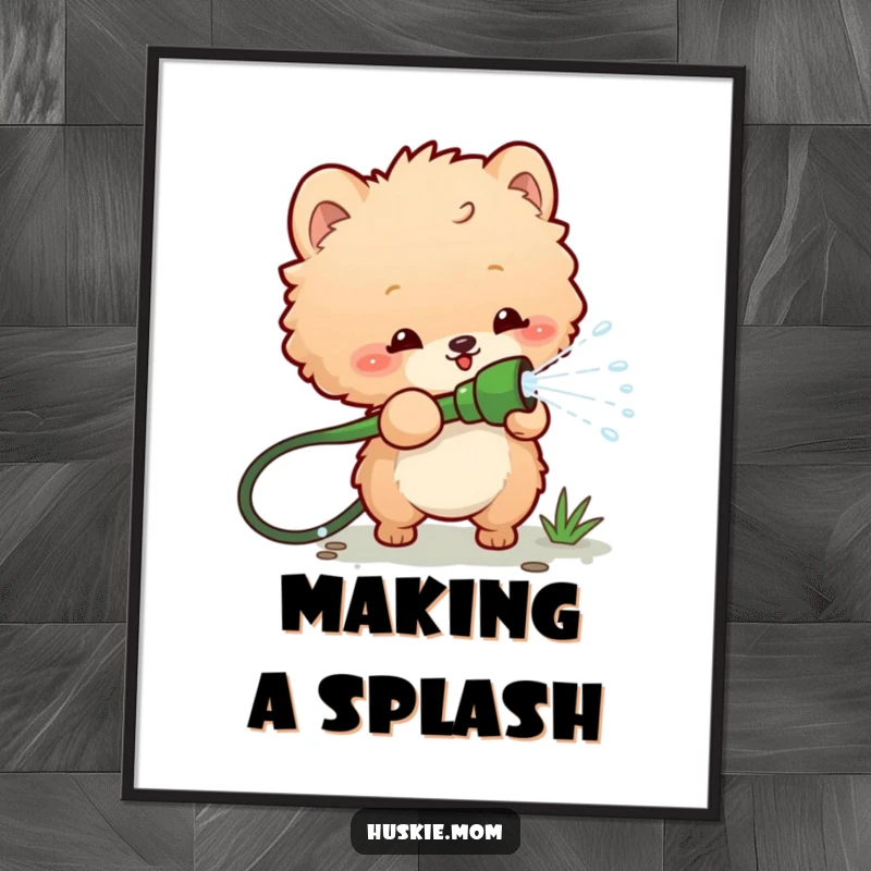 Funny poster art of a fluffy animal gleefully spraying water from a garden hose, perfect for creating a dynamic and humorous focal point.