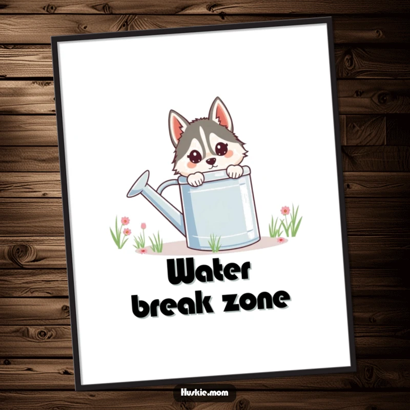 Funny Husky Lady Poster, adorable husky peeking behind a giant watering can, charming and humorous wall art for any room.