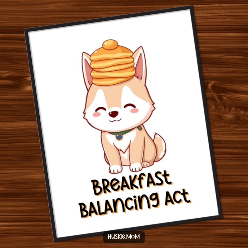 Funny Husky Pancakes Poster: Art print of a dog balancing pancakes on her head, humorous funny gift.