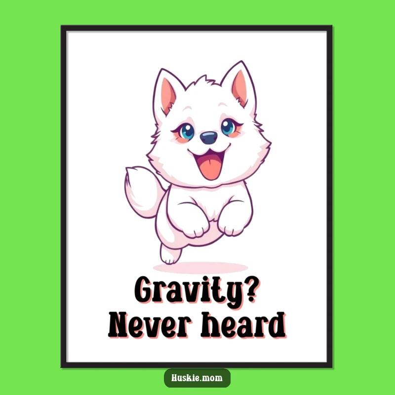 Funny Husky Puppy Poster: Joyful Leap Art, Big Blue Eyes, Perfect Humorous Decor
