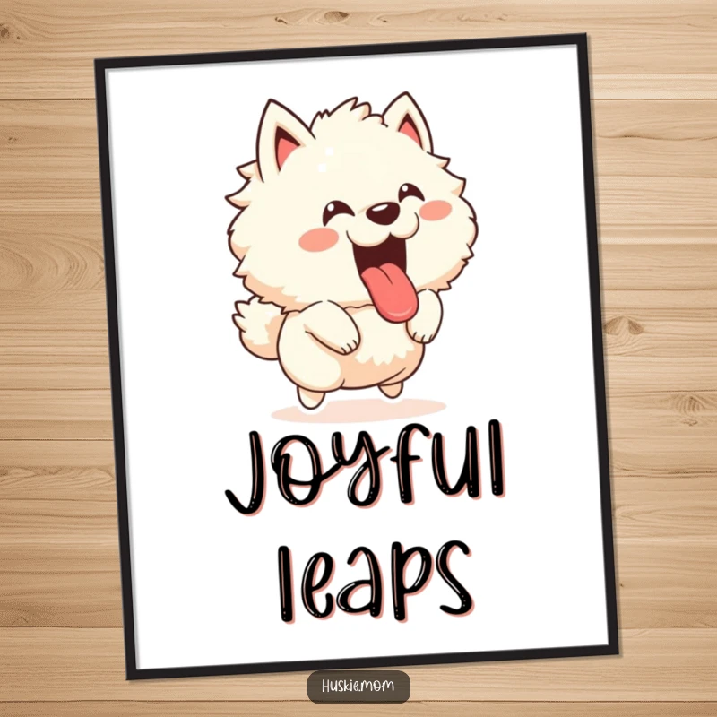 Funny poster depicting a fluffy animal joyfully leaping with its tongue out and a happy bark, conveying pure, exuberant energy.