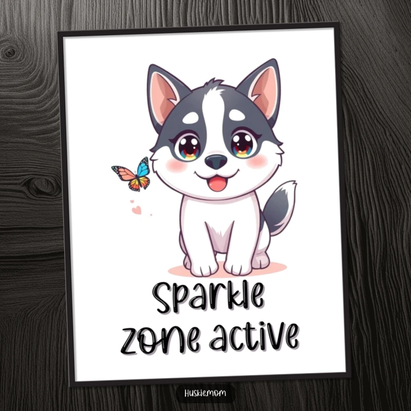 Funny Kawaii Husky Poster: A cute husky with sparkling eyes chases a butterfly, creating humorous and charming wall art.