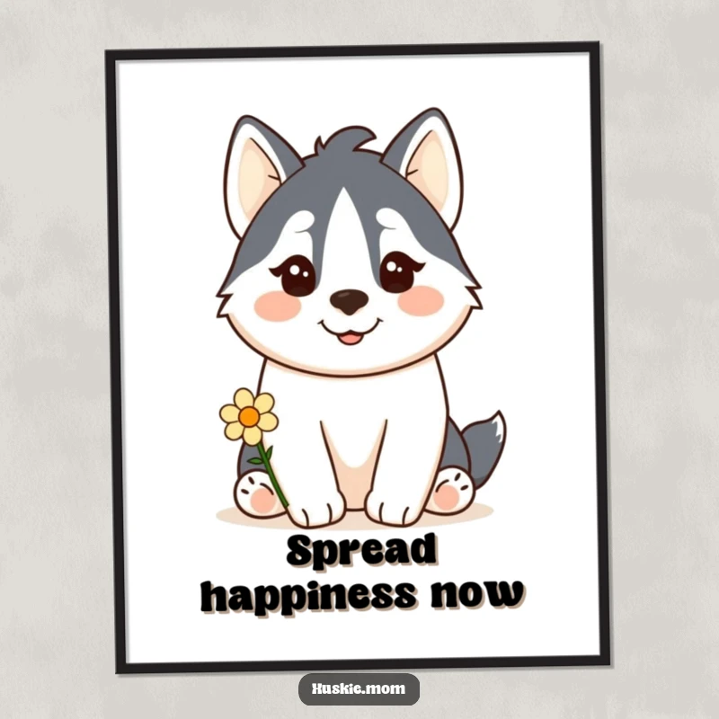 Funny Kawaii Husky Poster: A cute husky offers a flower with a gentle smile, creating humorous and charming wall art.