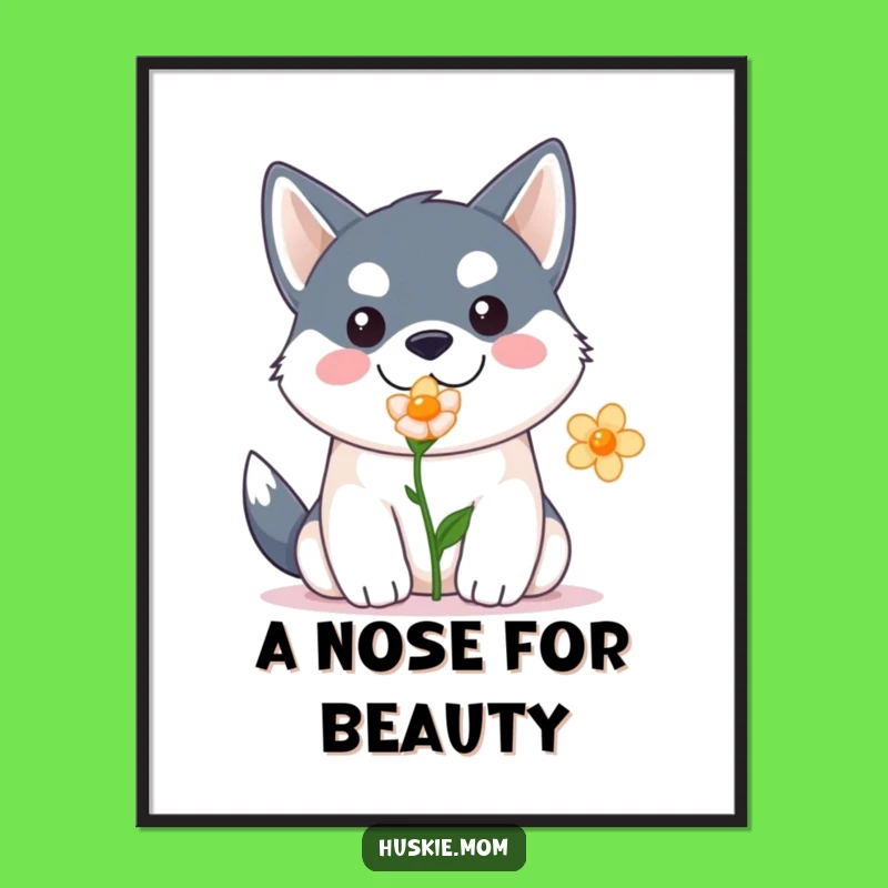 Funny Kawaii Husky Poster: Enchanting Dog with Flower Art, Perfect Humorous Wall Decor