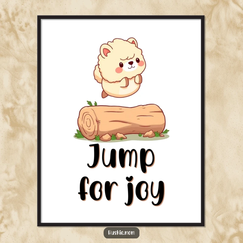Funny Poster: An athletic fluffy animal with a wagging tail mid-leap over a fallen log, conveying excitement.