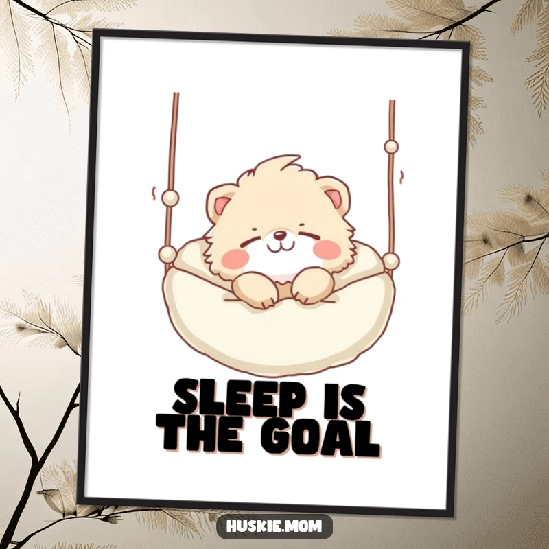 Funny Poster: A happy fluffy animal with a playful grin, sleeping soundly in a suspended bed, promoting calm.