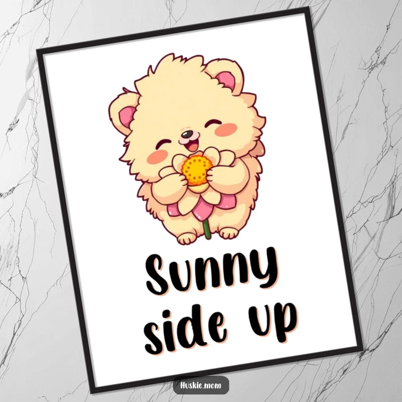Funny Poster of a fluffy animal with a sunny disposition joyfully embracing a vibrant flower, radiating happiness and humor.