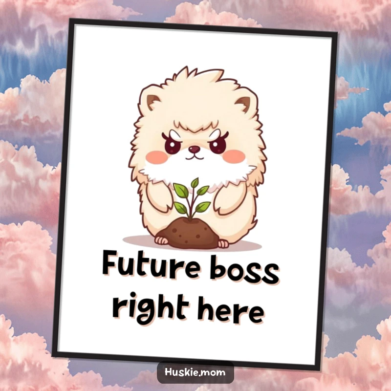 Funny Poster of a fluffy animal with a determined expression protecting a tiny seedling, a humorous art piece.